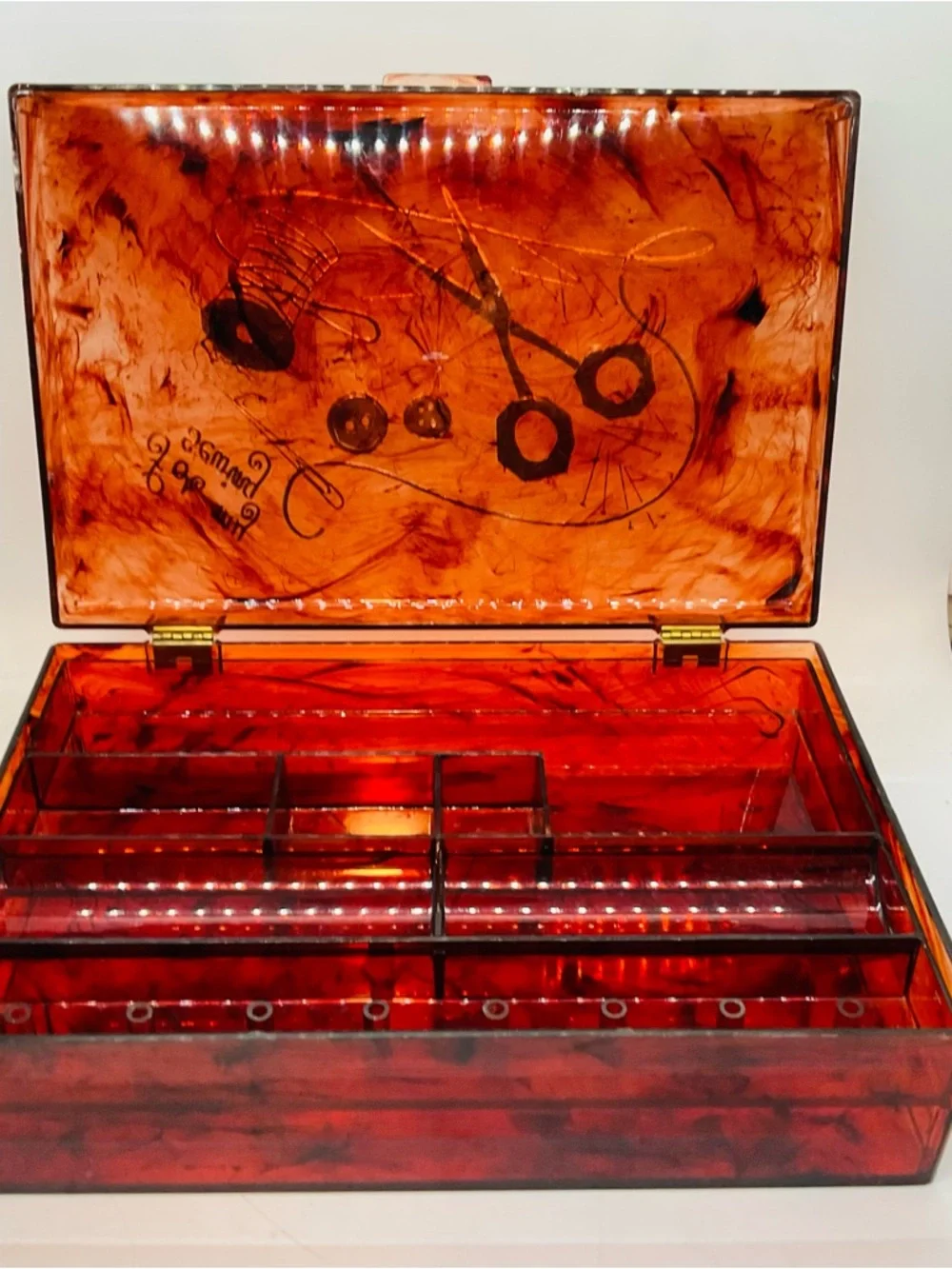 Vintage 1960s Lucite Amber ‘For My Sewing’ Box & Tray Gold Embossed Design.